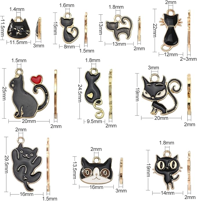 LiQunSweet 50 Pcs 10 Styles Enamel Kitten Animals Black Cat Charms for Jewelry Making Earrings Bracelet Necklace DIY