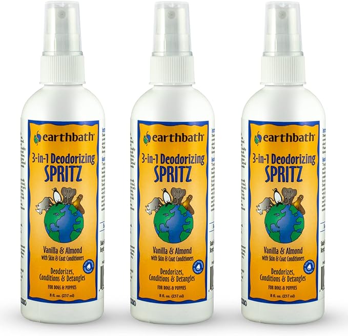 earthbath, Vanilla & Almond 3-in-1 Dog & Puppy Deodorizing Spritz - Dog Odor Eliminator for Strong Odor, Cruelty-Free Dog Cologne, Dog Wash Spray, Made in USA, Dog Bathing Supplies - 8 Oz (3 Pack)