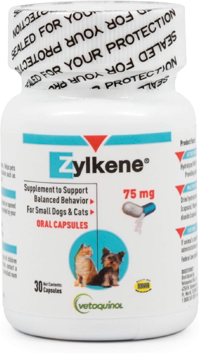 Vetoquinol Zylkene Calming Support Supplement for Small Dogs and Cats, Helps Promote Relaxation and Reduce External Stress Factors, Daily Behavioral Support and Anxiety Relief for Dogs and Cats, 75mg