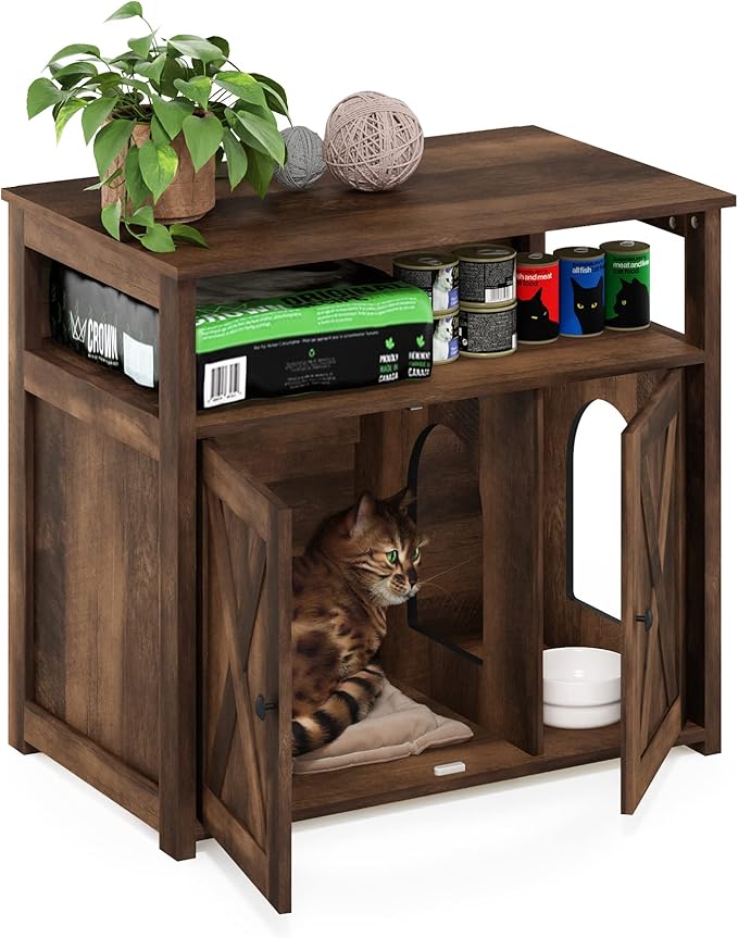 Furinno Peli Farmhouse Cat Litter Cabinet Storage with 2 Doors, Rustic Brown