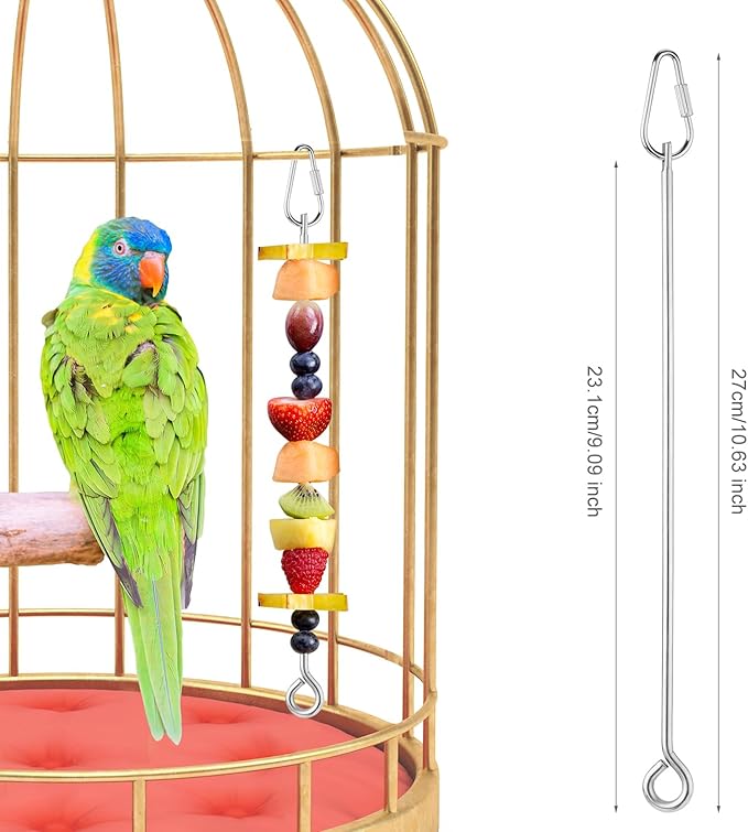 3pcs Parrot Fruit Skewer, Stainless Steel Bird Vegetable Skewer with Hook Bird Food Holder Cage Food Stick Feeder Skewer Parrot Foraging Toy for Budgies, Parakeets, Macaws