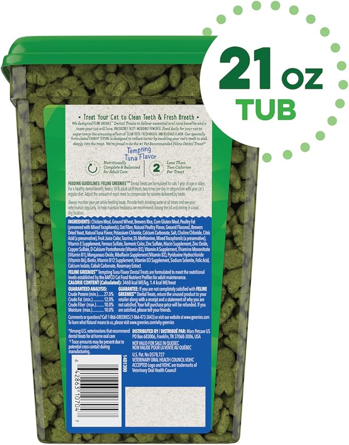 Greenies Feline Adult Natural Dental Care Cat Treats Tempting Tuna Flavor, 21 oz. Tub