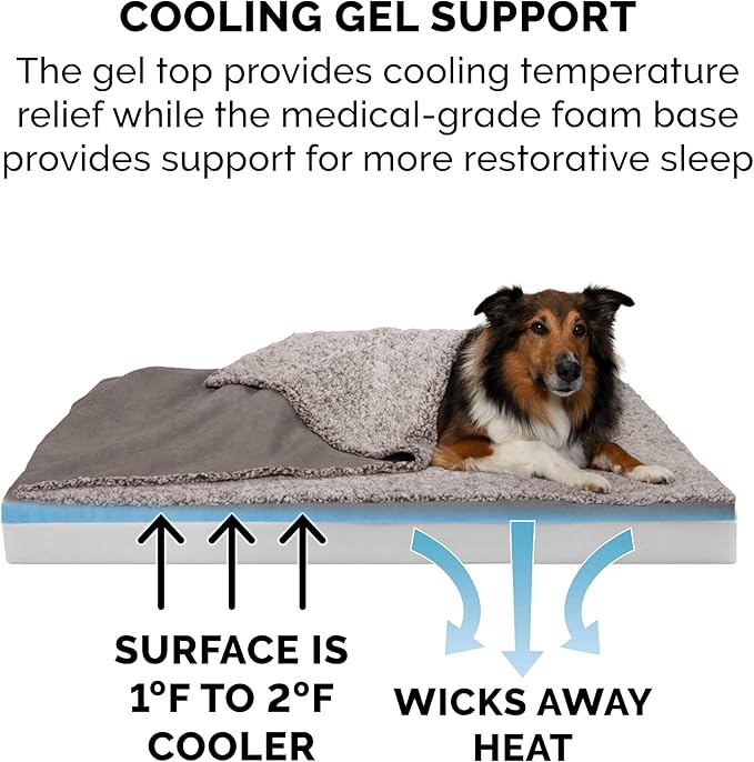 Furhaven Cooling Gel Dog Bed for Large/Medium Dogs w/ Removable Washable Cover, For Dogs Up to 55 lbs - Berber & Suede Blanket Top Mattress - Gray, Large