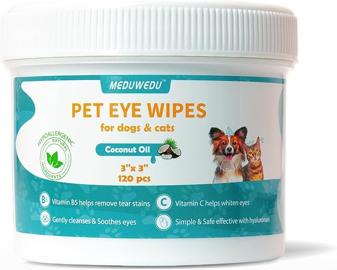 Eyes Wipes for Dogs & Cats 120 Counts, Grooming Kit Care for Dogs and Cats, Gently Remove Tear Stain, Eye Debris, Discharge, Mucus Secretions, Coconut Scent