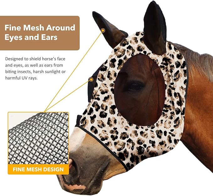 Harrison Howard Super Comfort Stretchy Fly Mask Large Eye Space with UV Protection Soft on Skin with Breathability Leopard Print Full Size