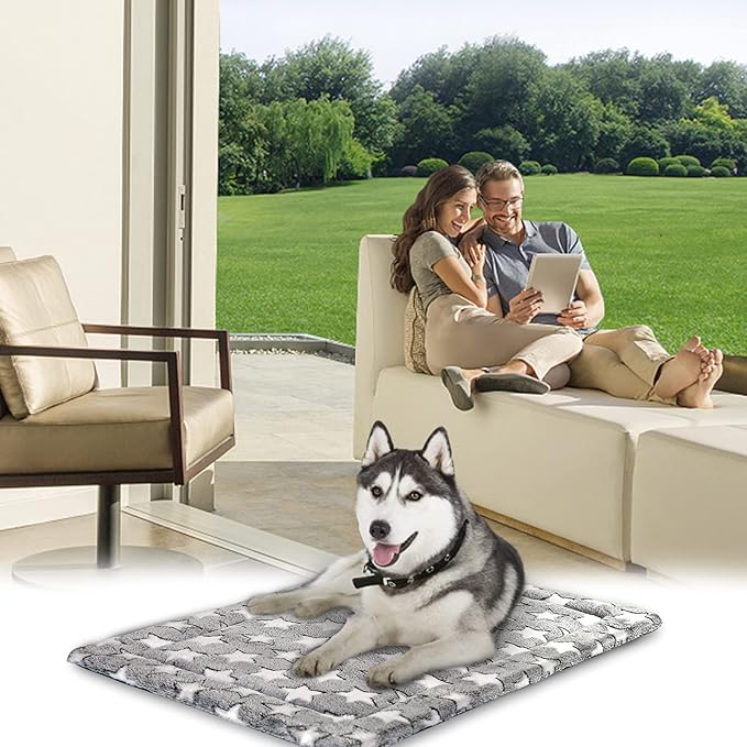 KROSER Fancy Dog Crate Pad Dog Bed Mat Reversible (Cool & Warm), Dog Bed Pad with Machine Washable, Dog Crate mat for Small to XXX-Large Dogs, Grey, Navy, Star Pattern