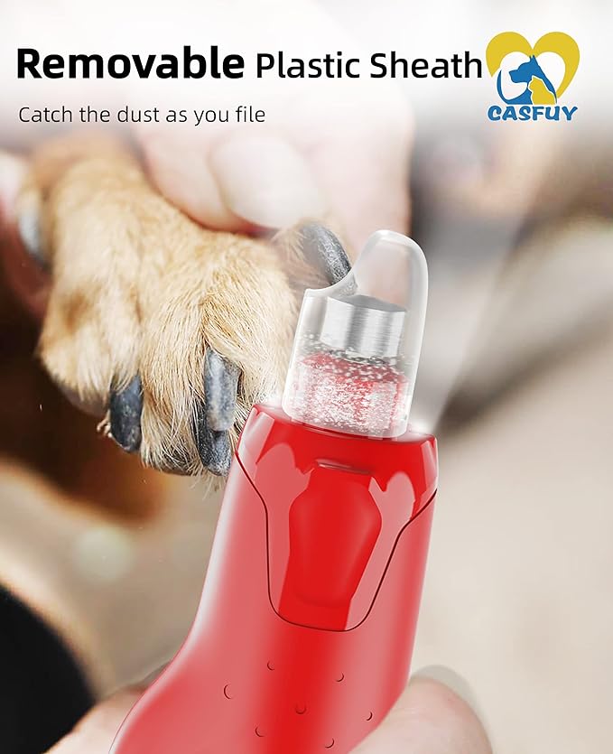 Casfuy Dog Nail Grinder Quiet - (45db) 6-Speed Pet Nail Grinder with 2 LED Lights for Large Medium Small Dogs/Cats, Professional 3 Ports Rechargeable Electric Dog Nail Trimmer with Dust Cap(Red)