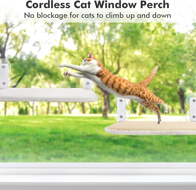 AMOSIJOY Cordless Cat Window Perch, Cat Hammock for Wall with 4 Strong Suction Cups, Solid Metal Frame and Reversible Cover, Foldable Cat Beds for Indoor Cats (Medium-White)