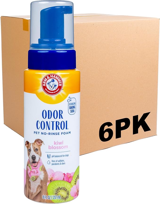 Arm & Hammer for Pets Odor Control Pet No-Rinse Foam with Baking Soda, Kiwi Blossom Scent, Odor Eliminating Foam for Dogs and Puppies; Arm and Hammer Waterless Dog Deodorizer, 8oz - 6 Pack