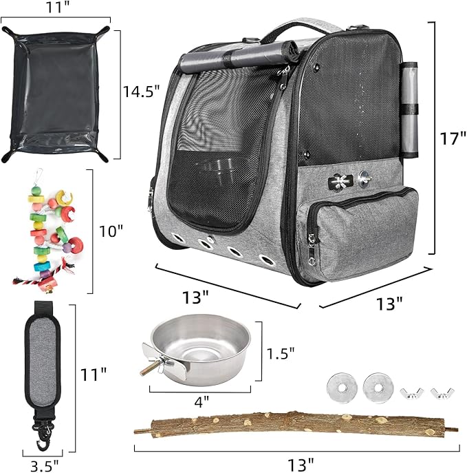 Bird Cage Backpack with Sunshade for Parakeets Cockatiels, Bird Travel Bag with Stand for Easy Cleaning, Transparent Breathable Travel Cage for Pets (Grey)