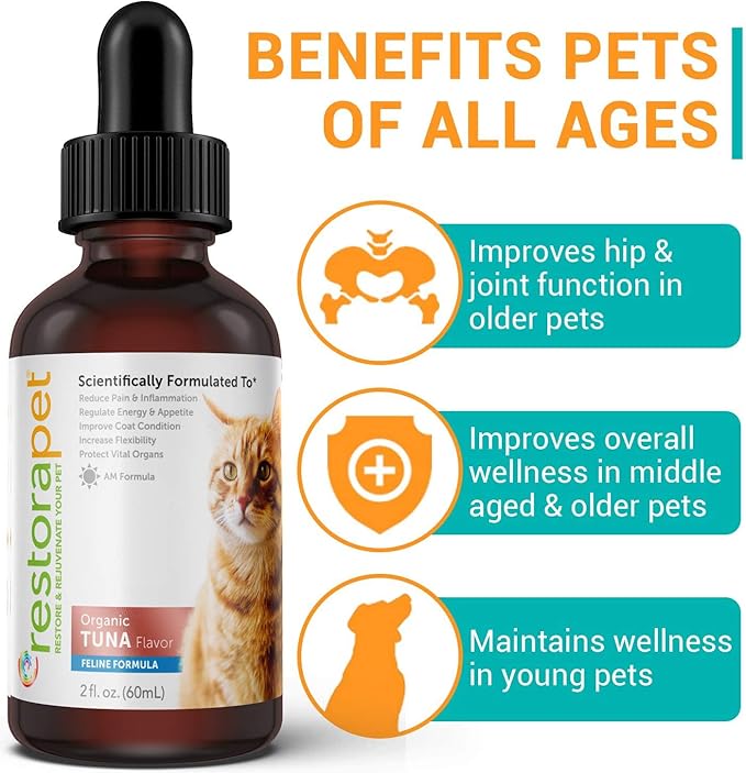 RestoraPet Organic Cat Supplement | Healthy & Safe Antioxidant Liquid Drops | Anti-Inflammatory Multi-Vitamin | Increases Mobility & Energy | Cat Joint Supplement | Tuna Flavored