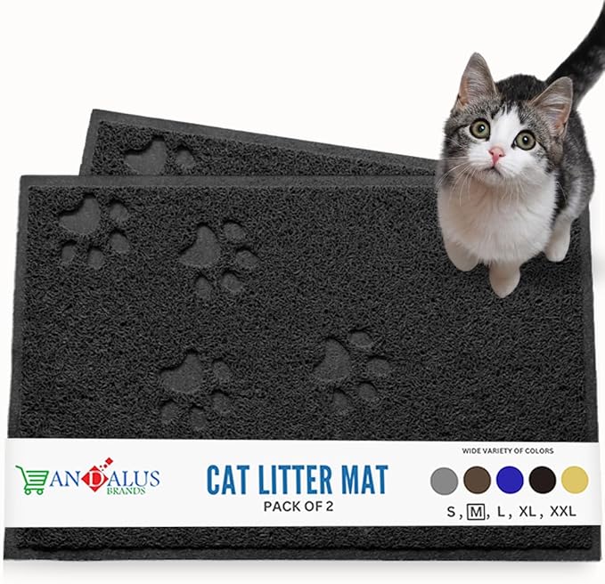 Andalus Medium Cat Litter Mat, Pack of 2 - Waterproof, Non-Slip & Easy to Clean Cat Litter Box Mat for Extra Efficient Pet Litter-Trapping, Black (23.5” X 15.75”)