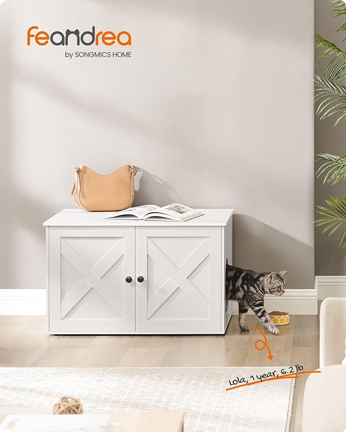 Feandrea Cat Litter Box Enclosure, Litter Box Furniture Hidden with Removable Divider, Indoor Cat House, End Table, 31.5 x 20.9 x 19.7 Inches, White UPCL002W01