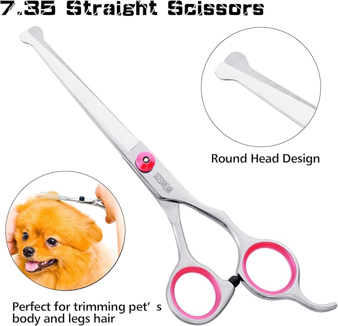 Dog Grooming Scissors with Safety Round Tips 5 in 1 Dog Scissors for Grooming 4CR Stainless Steel Grooming Scissors for Dogs and Cats, Professional Pet Grooming Shears, Pink