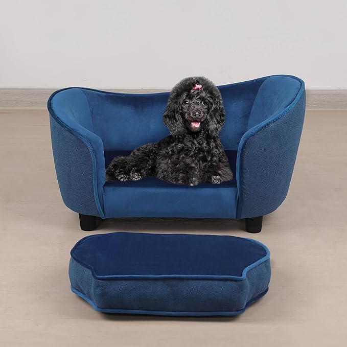 Pet Sofa Bed, Velvet & Linen Fabric Pet Couch Chair with Removeable & Washable Cushion for Small Dogs Cats (Blue)