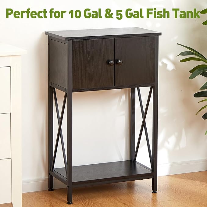 10 Gallon Fish Tank Stand with Cabinet, Double Aquarium Stand for 10 & 5 Gallon Fish Tank, Heavy Metal Stand with Stable Structure, Adjustable Table Feet & Anti-tilt Device - Black