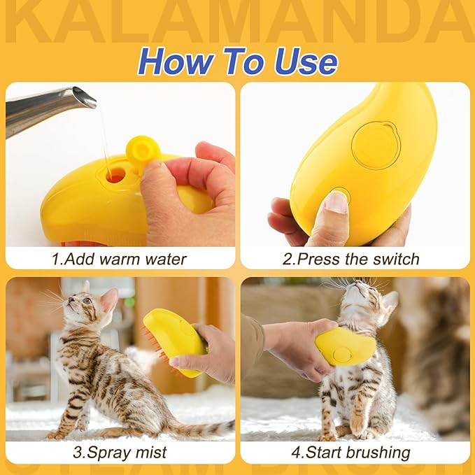 Cat Steam Brush, 3 in 1 Cat Steamy Brush Cleanser, Silicone Massage Grooming Brush, Pet Hair Cleaning Brush Comb for Cats Dogs(Mango Yellow)