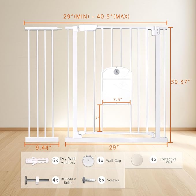 Extra Tall Baby Gate with Cat Door, 36.5-40.5" Wide Child Gate with Adjustment Pet Door, Pressure Borehole Double Mounting, Suitable for Stairs, Doorway, House, Kitchen (39" Tall, White)