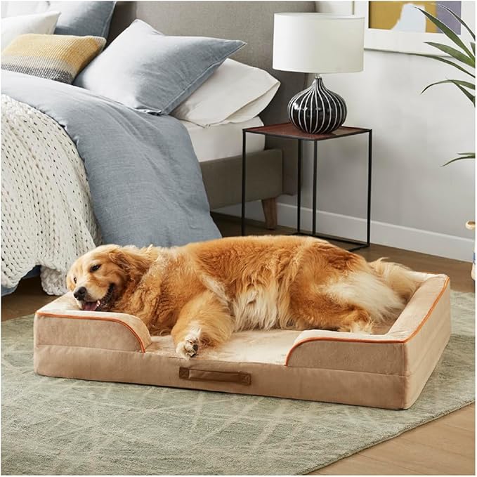 Friends Forever Orthopedic Dog Bed, Bolster Dog Bed with Memory Foam Dog Couch Sofa and Removable Washable Cover, Ally Khaki, 42x32x7