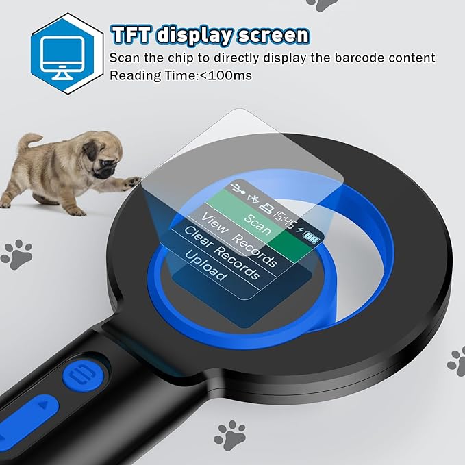 Pet Microchip Scanner Rechargeable RFID Micro Chip Reader Scanner ISO11784/85/FDX-B/EMID 240 Records Data Storage Upload to PC，for Animal/Pets/Pigs/Dogs/Cats