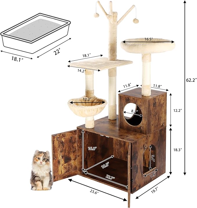 Litter Box Enclosure with Cat Tree, Wooden Cat House with Cat Tree Tower, Hidden Cat Litter Box Furniture with Scratching Post, Modern Cat Condo, Rustic Brown