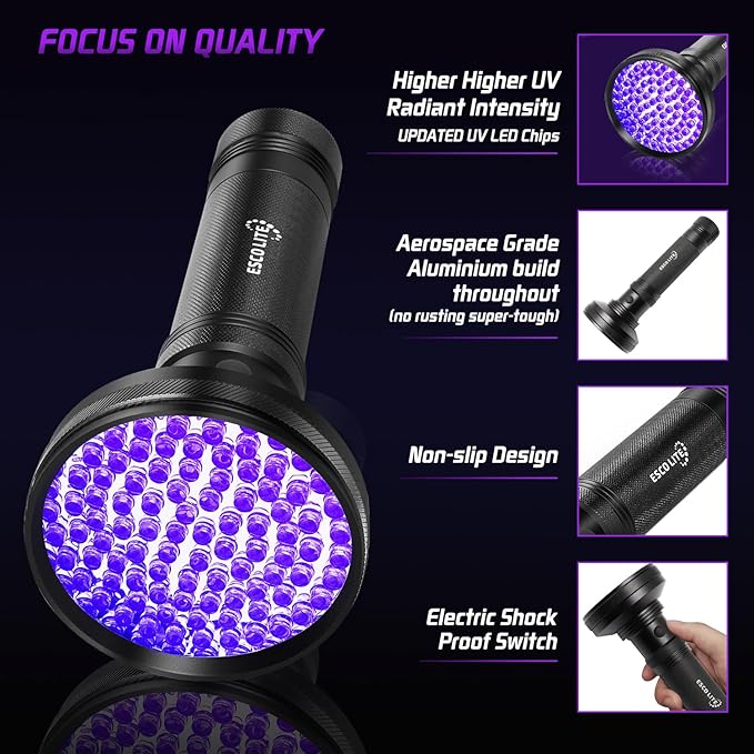 Escolite UV Flashlight Black Light for Pet Urine Detection, Super Bright 100 LED Blacklight Flashlights, Handheld UV Light Dog Pee Light Detector, Ultraviolet Flashlight for Bed Bug, Scorpion Finder