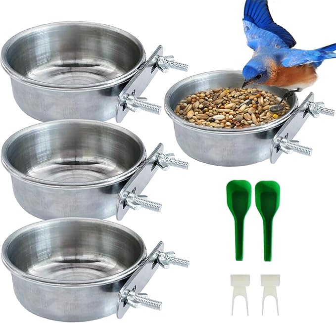 4Pcs Small Bird Bowls, Stainless Steel Hamster Food Bowl with Clamp Holder, Hanging Guinea Pig Bowl Parrot Water Feeder Dish Cups for 2 Bird Seed Scoop & 2 Fruit Fork