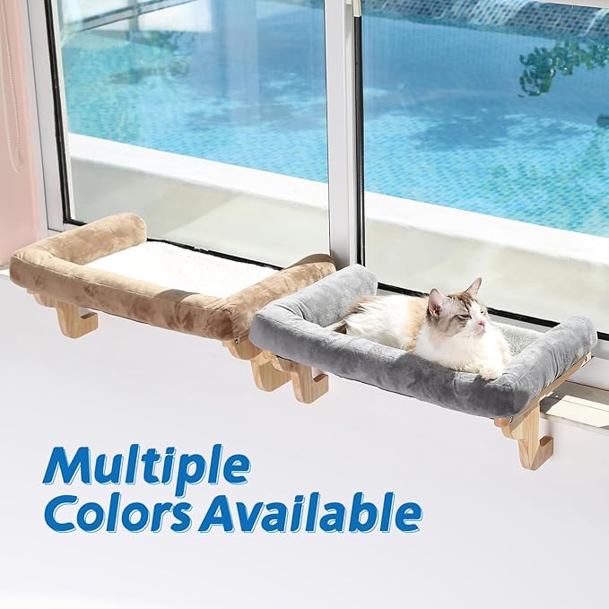 Cat Perch for Window Sill with Bolster - Orthopedic Hammock Design with Premium Hardwood & Robust Metal Frame - Cat Window Seat for Large Cats and Kittens - Nartural Color Wood with Brown Bed