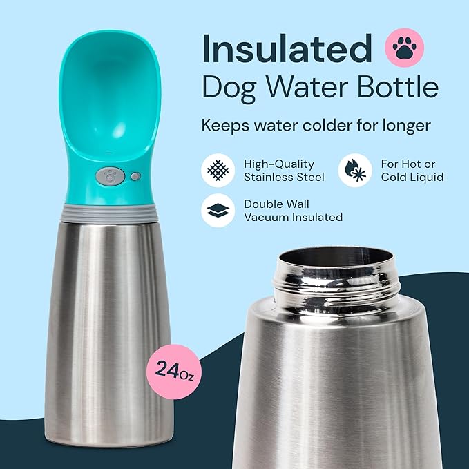 MalsiPree Stainless Steel Dog Water Bottle, Leak Proof Portable Puppy Water Dispenser with Drinking Feeder for Pets Outdoor Walking, Hiking, Travel (24OZ, Blue)