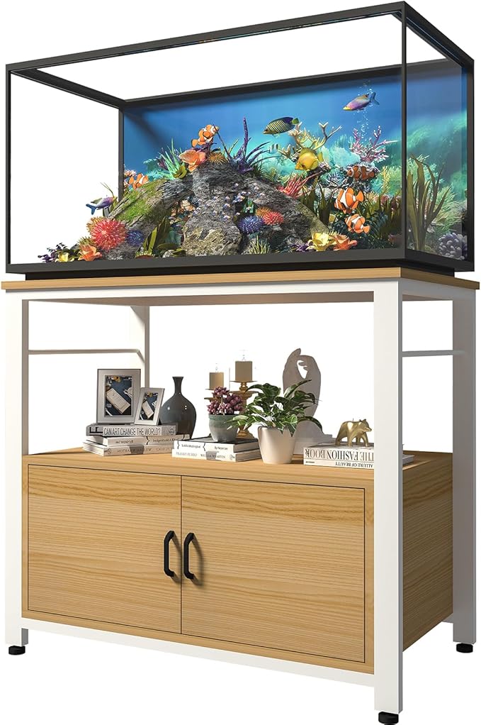 Fish Tank Stand Metal Aquarium Stand with Cabinet Accessories Storage 40-50 Gallon, Double Layer Metal with Storage Weight Capacity 760lbs, White Walnut Brown