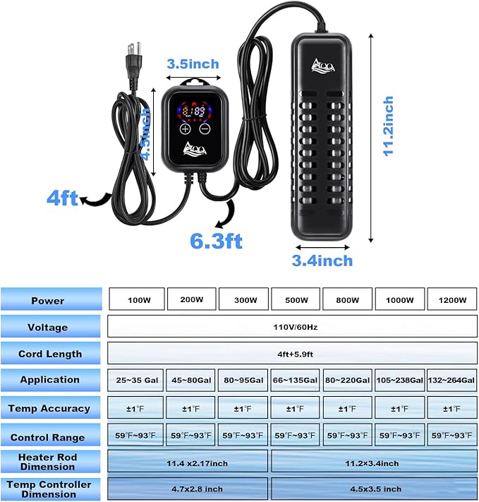 AQQA Submersible Aquarium Heater,100W/200W/300W/500W/800W/1000W/1200W Fish Tank Heater,External Temperature Controller LED Temperature Display,Suitable for Saltwater and Freshwater(1000W)