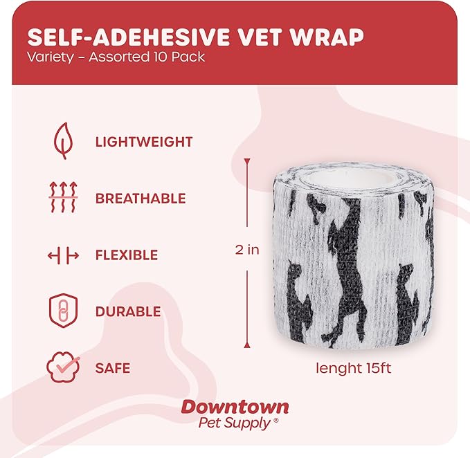 Cohesive Vet Wrap for Dogs, Self Adhesive Bandages in Bulk, Pet Cat Wound Care, Gauss Bandage for Horses by Downtown Pet Supply (Variety, 10 Pack)