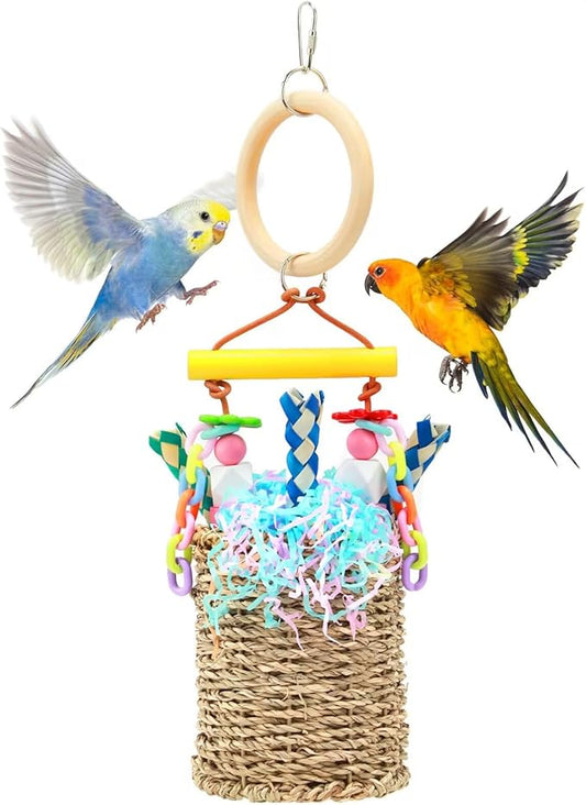 Parrot Toys, Brid Foraging Toy for Medium Parakeet, Conure, Cockatiels, Budgie, Lovebirds, Natural Seagrass Brid Chew Basket