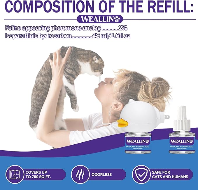 Cat Calming Diffuser Kit - Cat Pheromones Calming Diffuser Relieve Anxiety & Stress - 3-in-1 Cat Pheromone Diffuser Kit with 1 Diffuser + 2 refill 48ml Vial - 60 Days of Comfort and Relaxation