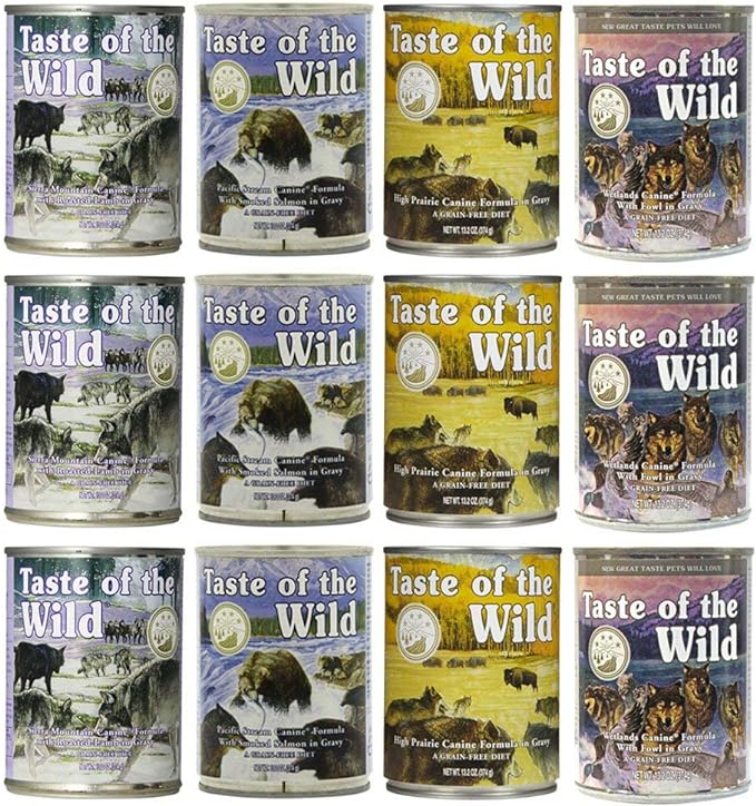 Taste of the Wild Grain-Free Canned Dog Food Variety Pack - Wetlands, Pacific Stream, High Prairie, and Sierra Mountain Pack of 12, 13.2 ounce cans by Taste of the Wild