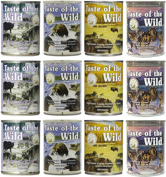 Taste of the Wild Grain-Free Canned Dog Food Variety Pack - Wetlands, Pacific Stream, High Prairie, and Sierra Mountain Pack of 12, 13.2 ounce cans by Taste of the Wild