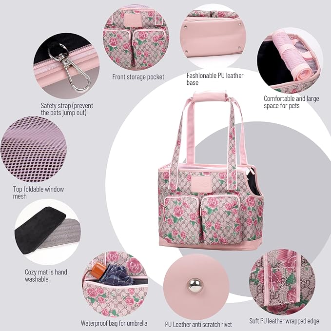 Dog Carrier Purse, Foldable Waterproof Premium PU Leather Oxford Cloth Dog Carrier Bag, Pet Travel Tote Bag with Pockets for Cat and Small Dog (Flower Pattern)