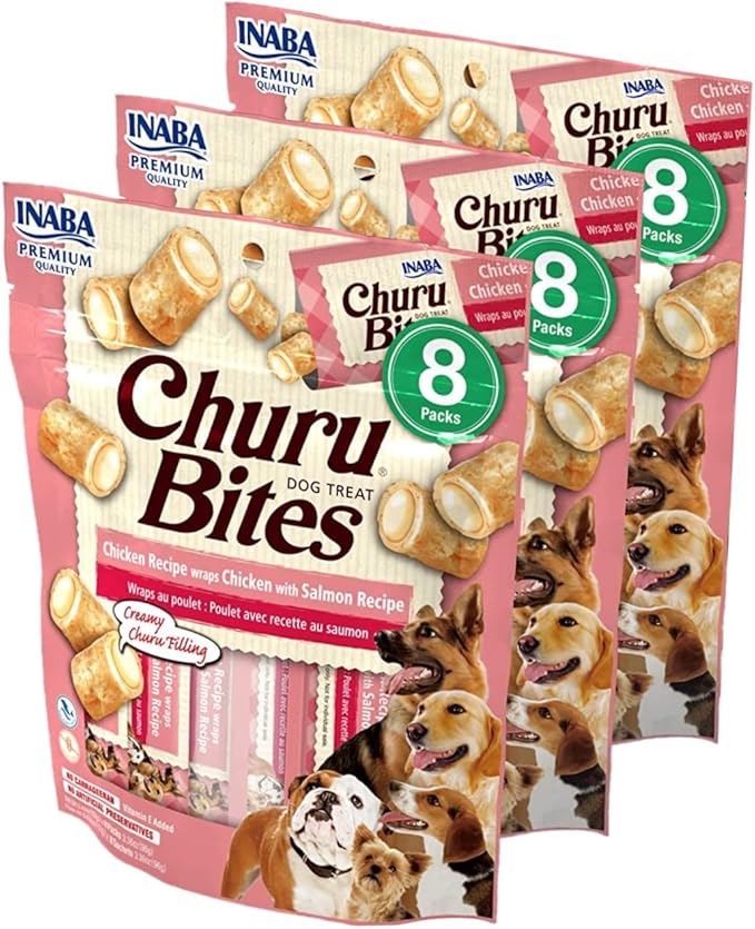 INABA Churu Bites for Dogs, Grain-Free, Soft/Chewy Baked Chicken Wrapped Churu Filled Dog Treats, 0.42 Ounces Each Tube | 24 Tubes Total, Chicken with Salmon Recipe