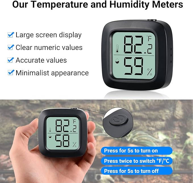 Reptile Tank Thermometer, Aggforbl High-Accuracy Digial Display Reptile Terrarium Thermometer Hygrometer for Pet Rearing Box, wiht Double Sided Tape (Black, 1)