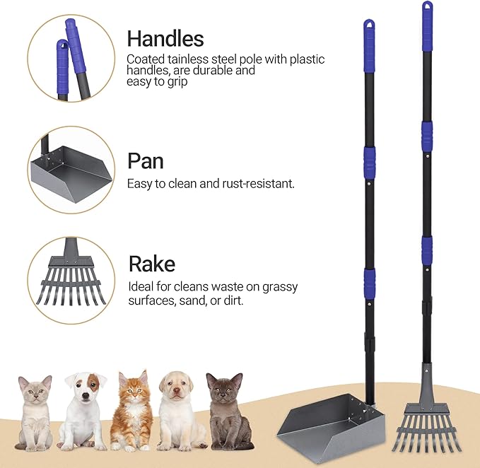 Heeyoo Dog Pooper Scooper, Dog Poop Tray and Rake Set, Pet Waste Removal Scoop with Long Adjustable Sectional Stainless Handles