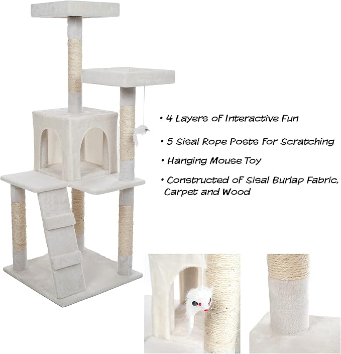 Cat Tree - 4-Tier Cat Tower for Indoor Cats with Perches, Kitty Condo, 5 Cat Scratching Posts, Hanging Toy, and 2-Step Ladder by PETMAKER (White)