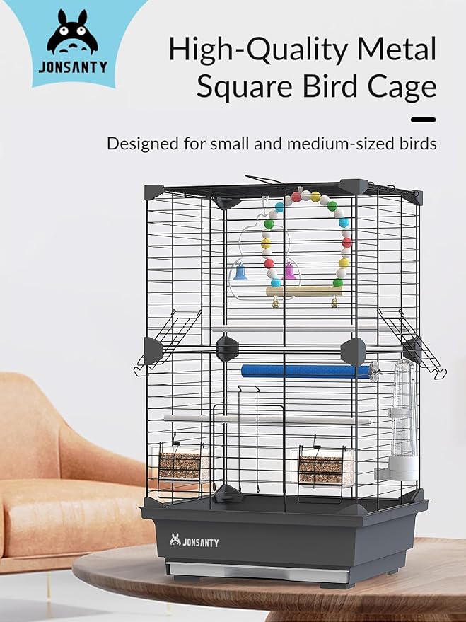 25 Inch Medium Square Metal Pet Bird Cage, Parrot Cage, Bird Carrier Travel Cage, with Bird Standing Stick, Swing, Water Feeder, Easy to Clean, for Budgies, Cockatiels and other Small and Medium Birds