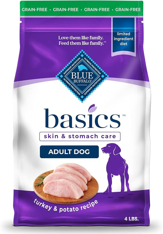 Blue Buffalo Basics Grain-Free Adult Dry Dog Food, Skin & Stomach Care, Limited Ingredient Diet for Dogs, Turkey Recipe, 4-lb. Bag