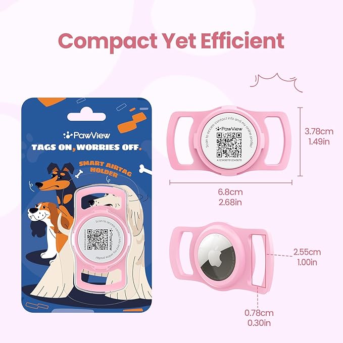 AirTag Dog Collar Holder, Smart QR Code AirTag Holder for Cats and Dogs - Scan Alert | Instant Location | Pet Online Profile | Contacts Info | Pet APP Remote Control (1 Pack, Pink)