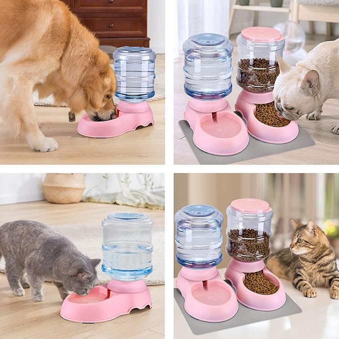 2 Pack Automatic Cat Feeder and Water Dispenser in Set Gravity Food Feeder and Waterer Pet Food Bowl for Small Medium Dog Pets Puppy Kitten Big Capacity 1 Gallon x 2