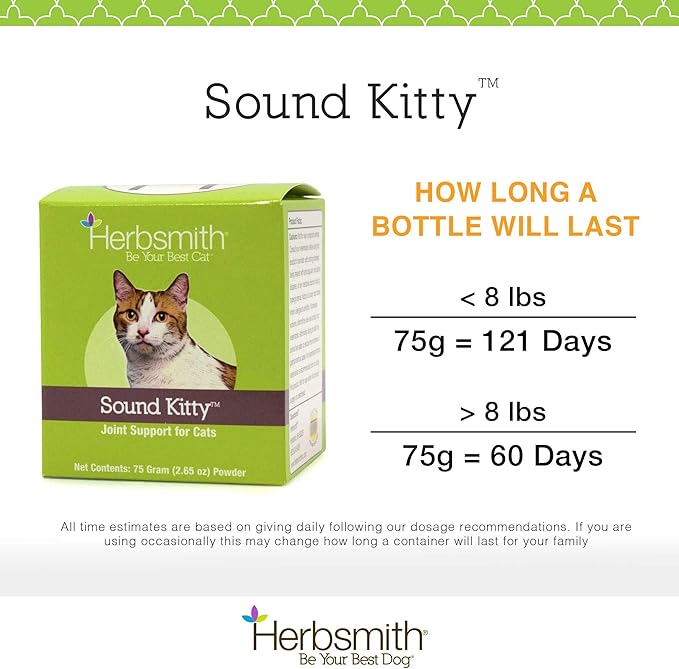 Herbsmith Sound Kitty – 5-in-1 Joint Care for Cats with Chondroitin, Glucosamine & MSM- Natural Joint Pain Relief for Cats – 75g