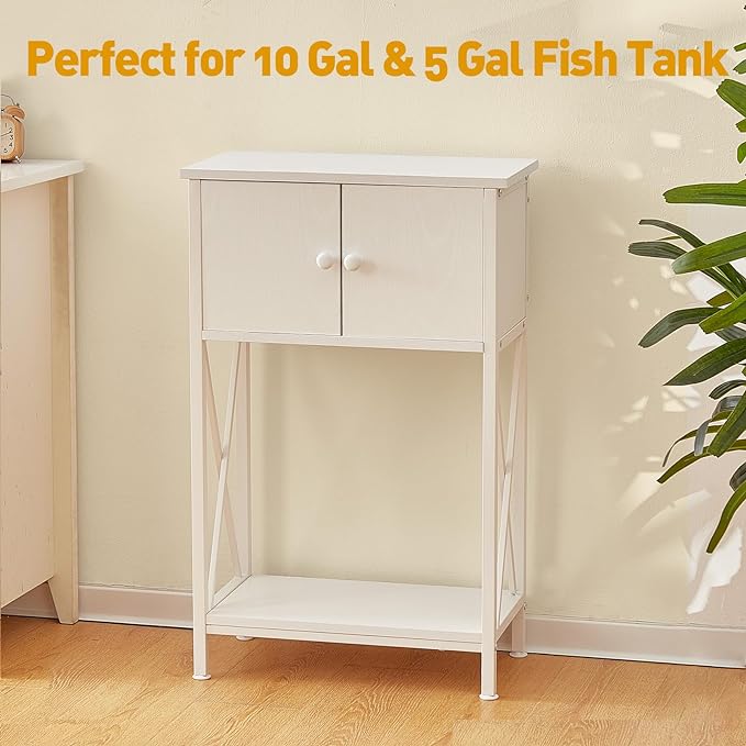 10 Gallon Fish Tank Stand with Cabinet, Double Aquarium Stand for 10 & 5 Gallon Fish Tank, Heavy Metal Stand with Stable Structure, Adjustable Table Feet & Anti-tilt Device - White