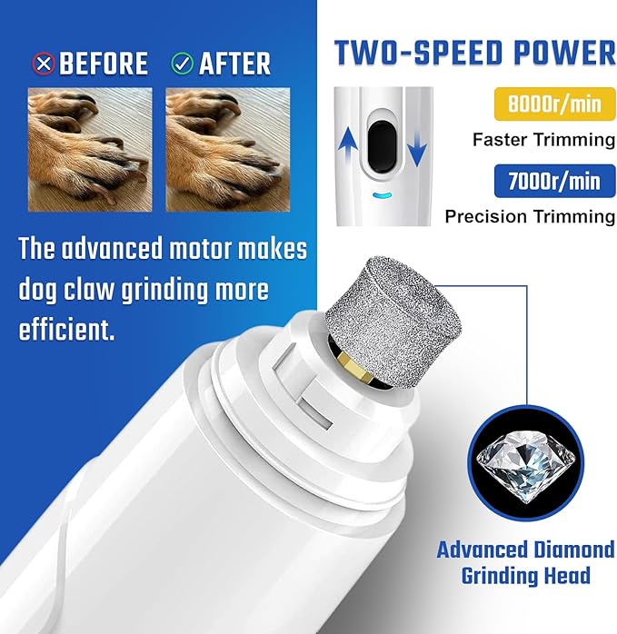 Bonve Pet Nail Grinder for Dogs - Upgraded Dog Nail Trimmers Super Quiet, 2 Speeds, Rechargeable, 2 Grinding Wheels for Small Large Dogs & Cats