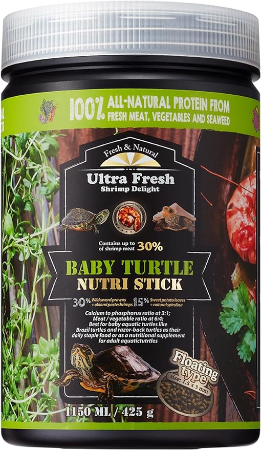 Ultra Fresh Floating Baby Turtle Food, All Natural Ingredients, Wild Sword Prawn, Calcium Vitamin D Enriched for Picky Aquatic Baby Turtles, Baby Turtle Nutri Stick 15 oz