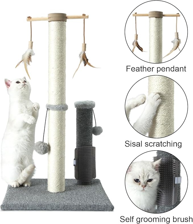 Cat Scratching Post,Sisal Scratch Posts Scratcher for Indoor Cats and Kittens,with self Grooming Bursh and Interactive Toys Vertical Cat Tree 30Inches Tall Grey